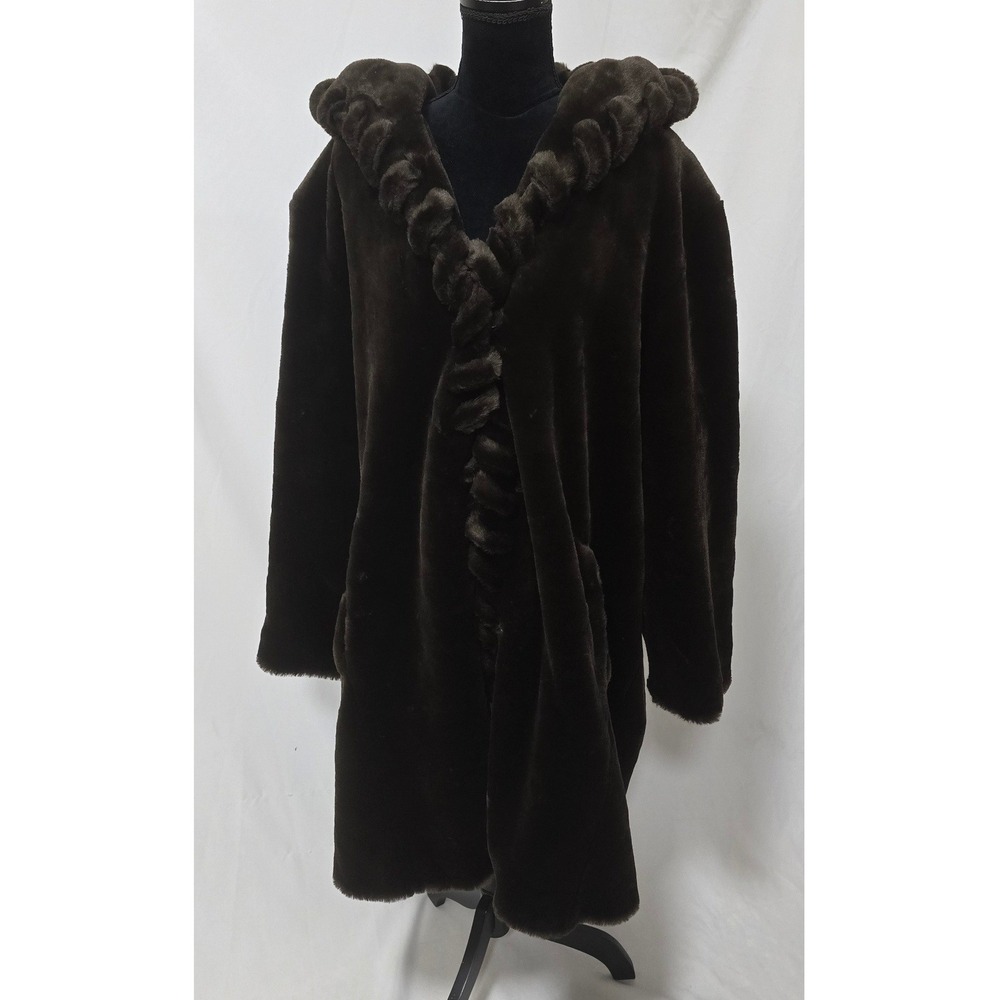 Y2K Coldwater Creek faux fur hooded coat women 2X brown plush ruffle trim glam